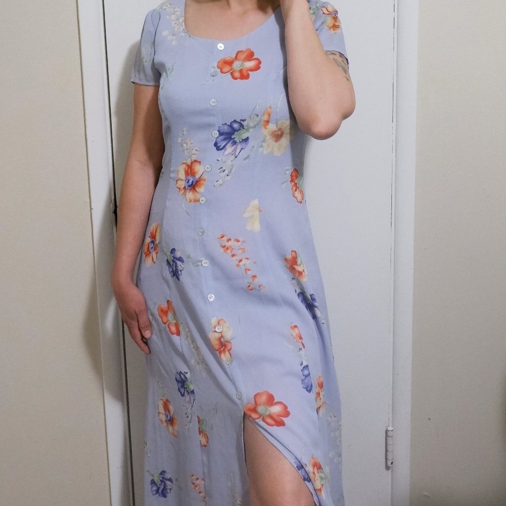 90s Y2K Vintage Midi Maxi Blue Floral Spring Summer Sundress Dress Laura Ashley
